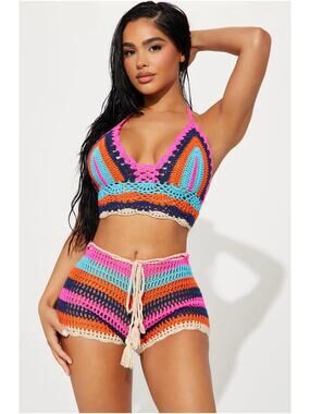 Fashion Nova Priscilla Crochet Sunsuit Multicolor Boho Festival Women XS NWT